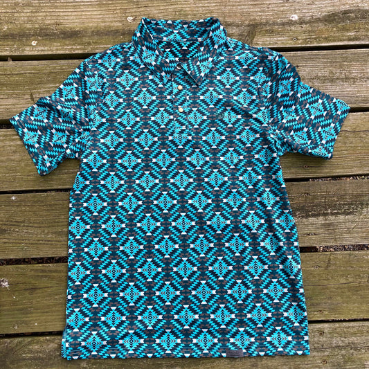 Blue aztec short sleeves boy western button up shirt