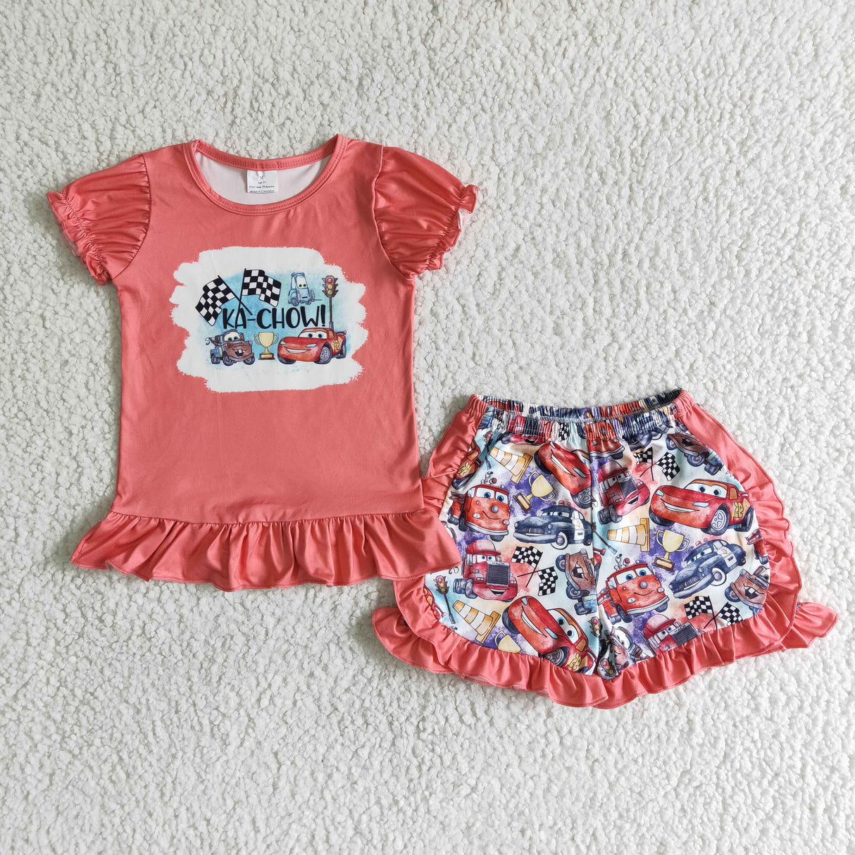 Car print shirt ruffle shorts girls summer outfits