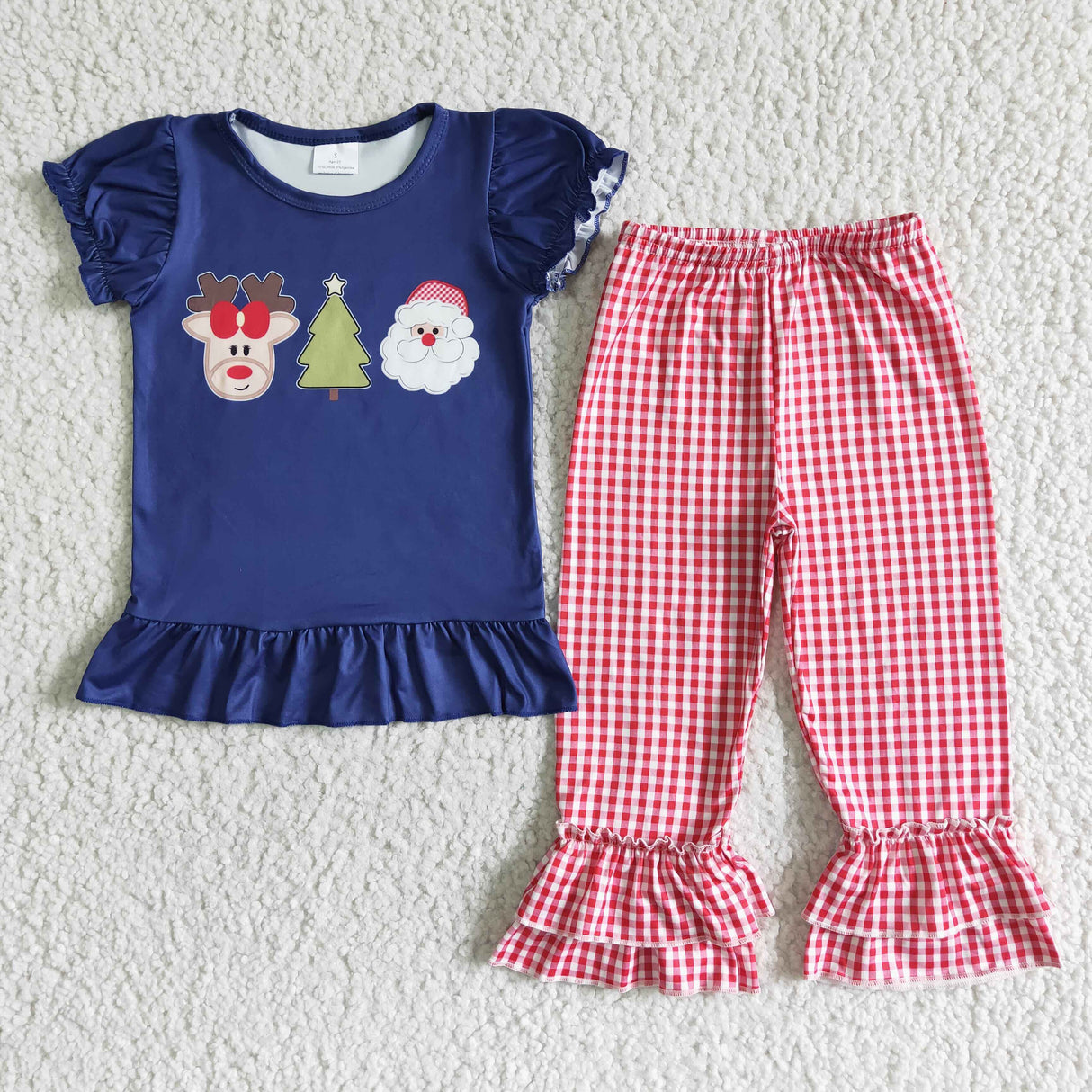 Reindeer santa print short sleeve plaid ruffle pants girls Christmas clothing