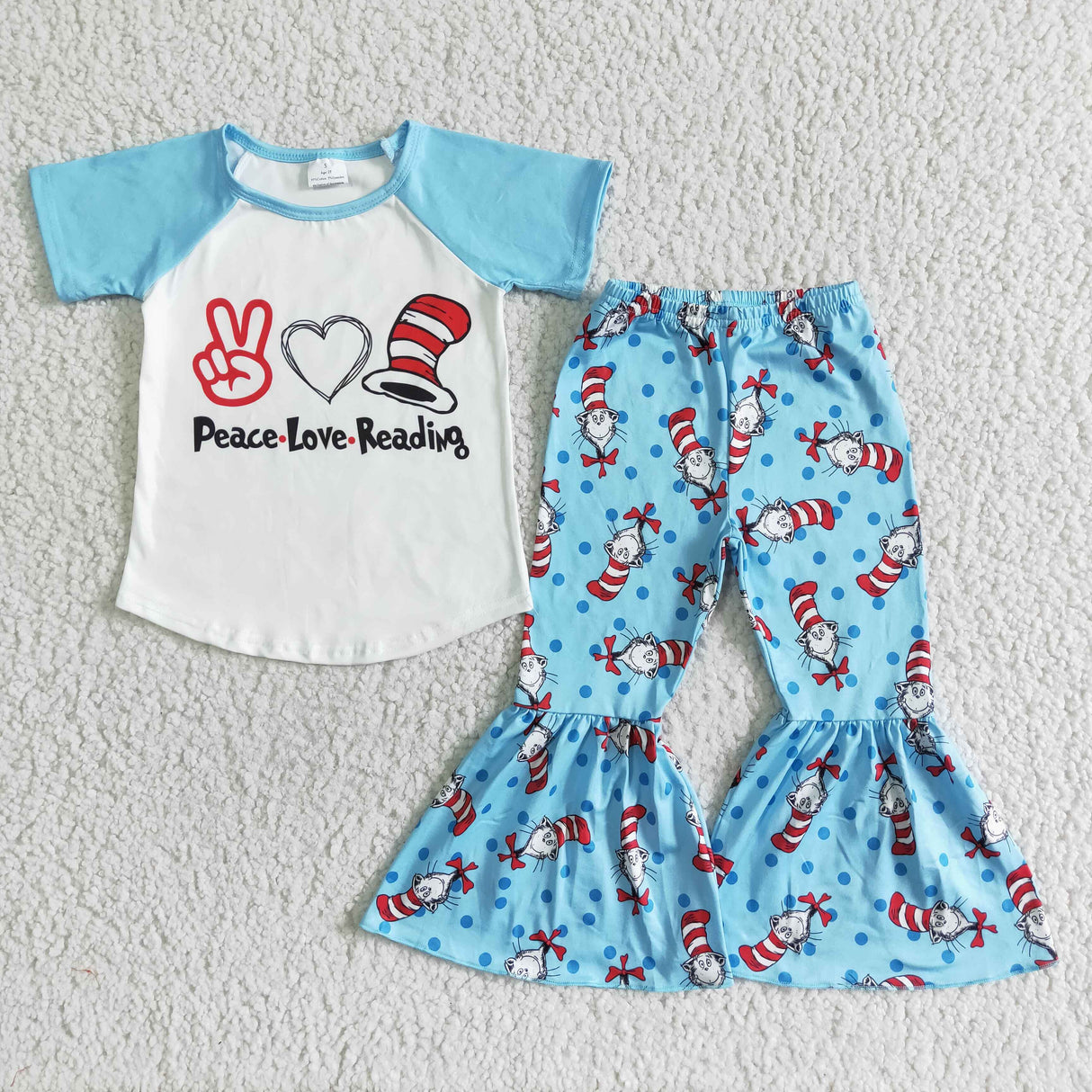 Blue Cat Short Sleeve Top & Blue Bell-bottomed Pants Outfit