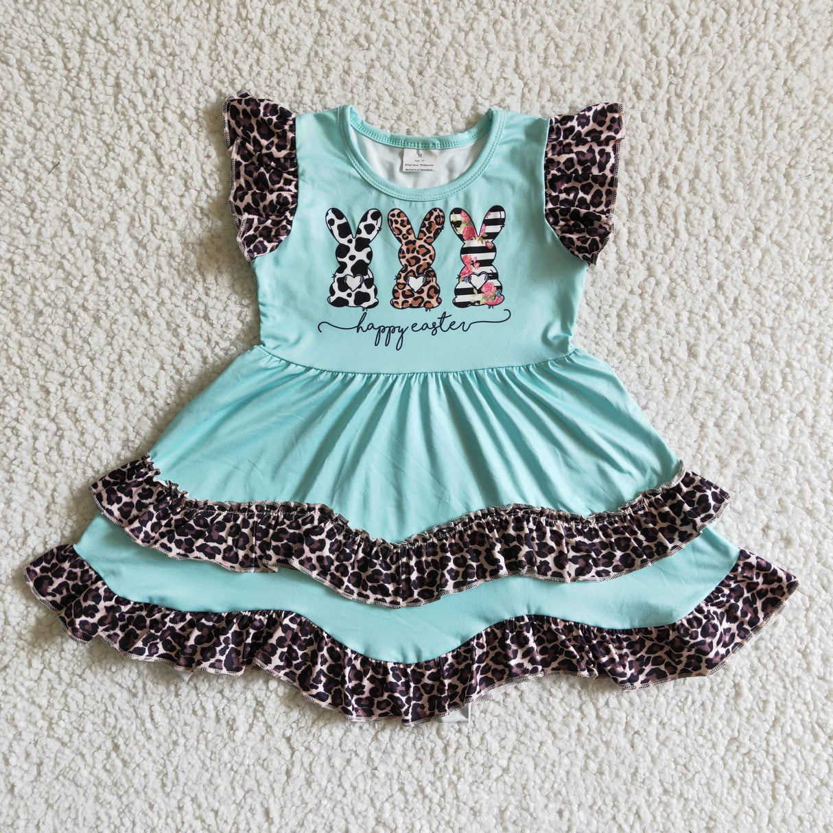 Three bunny print mint ruffle baby girls easter dresses