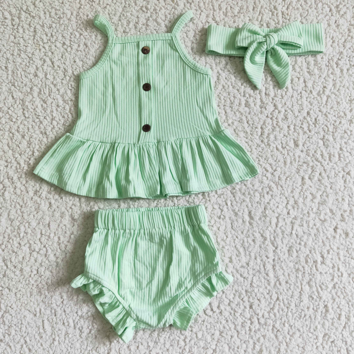 Sleeveless mint cotton baby girls bummies set