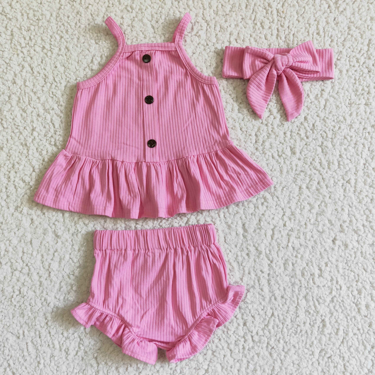 Sleeveless hot pink cotton baby girls bummies set