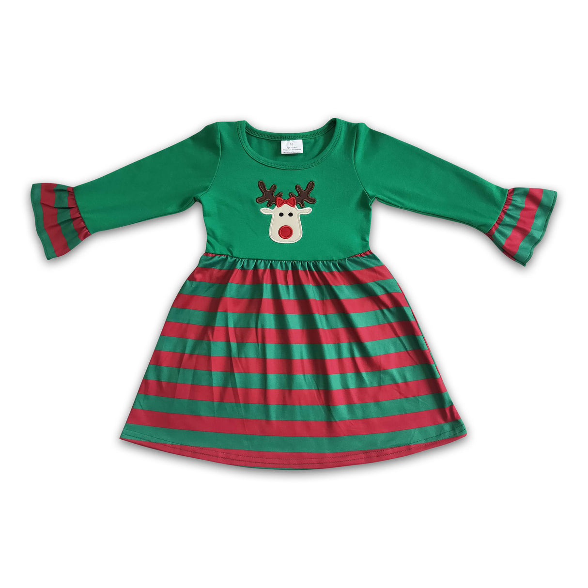 Solid reindeer embroidery stripe skirt girls Christmas dresses