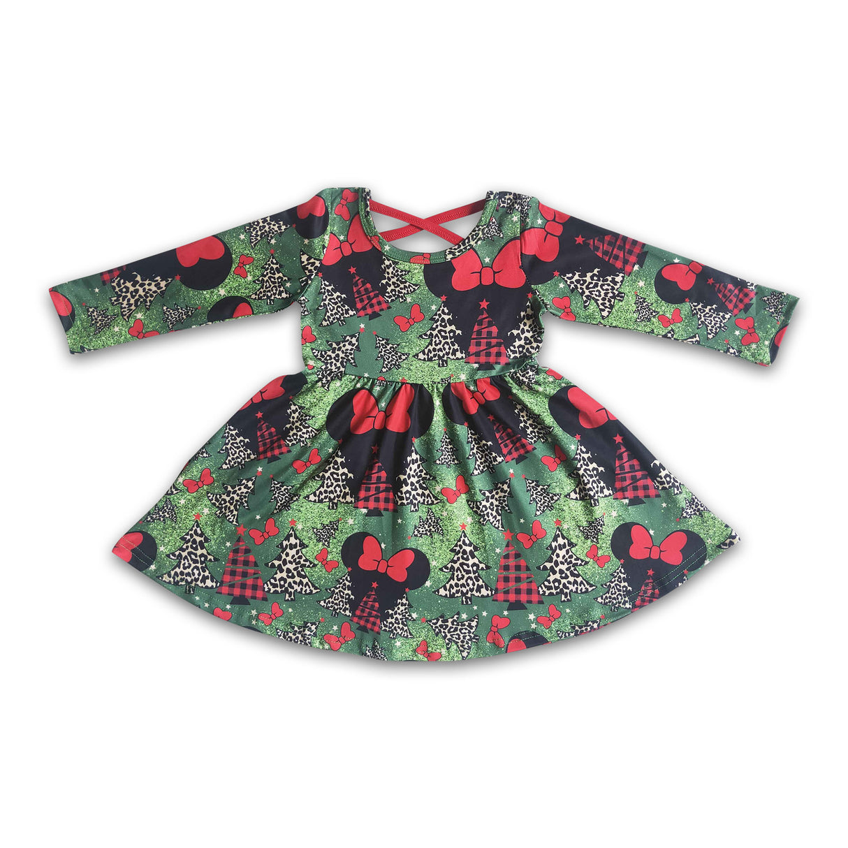 Leopard plaid Christmas tree cute mouse kids twirl dresses