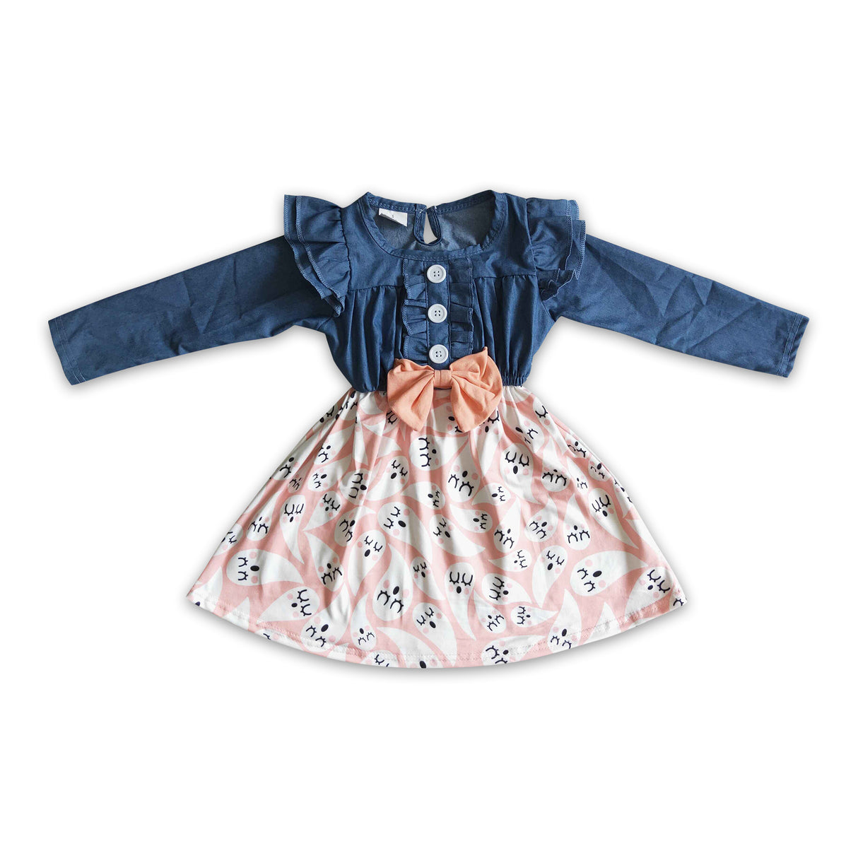 Long sleeve denim ghost print baby girls Halloween dress