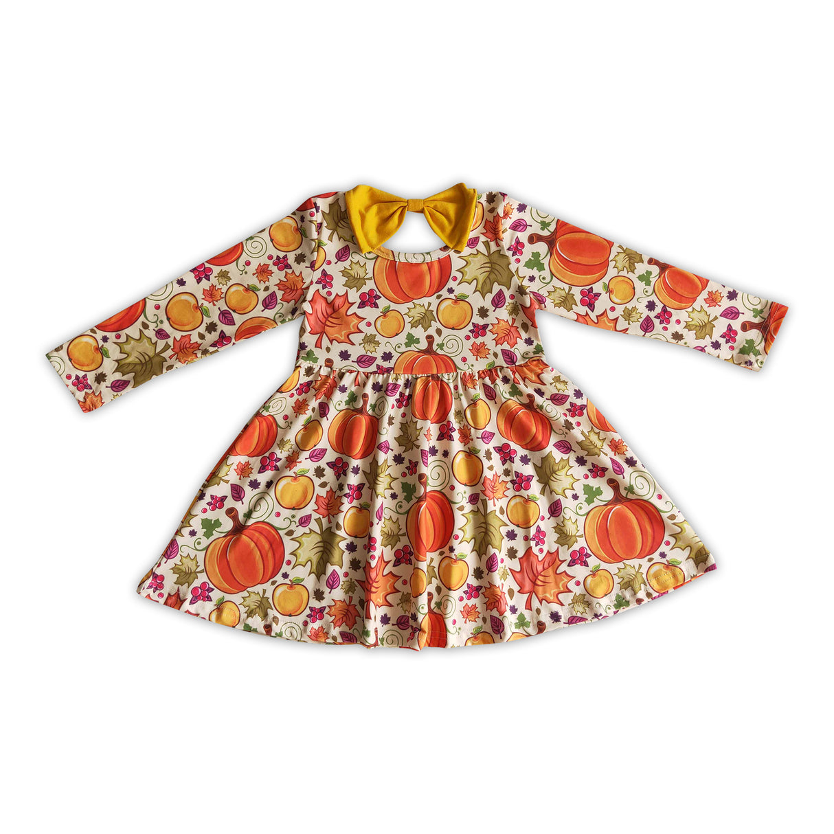 Pumpkin leaves long sleeves girls fall twirl dresses
