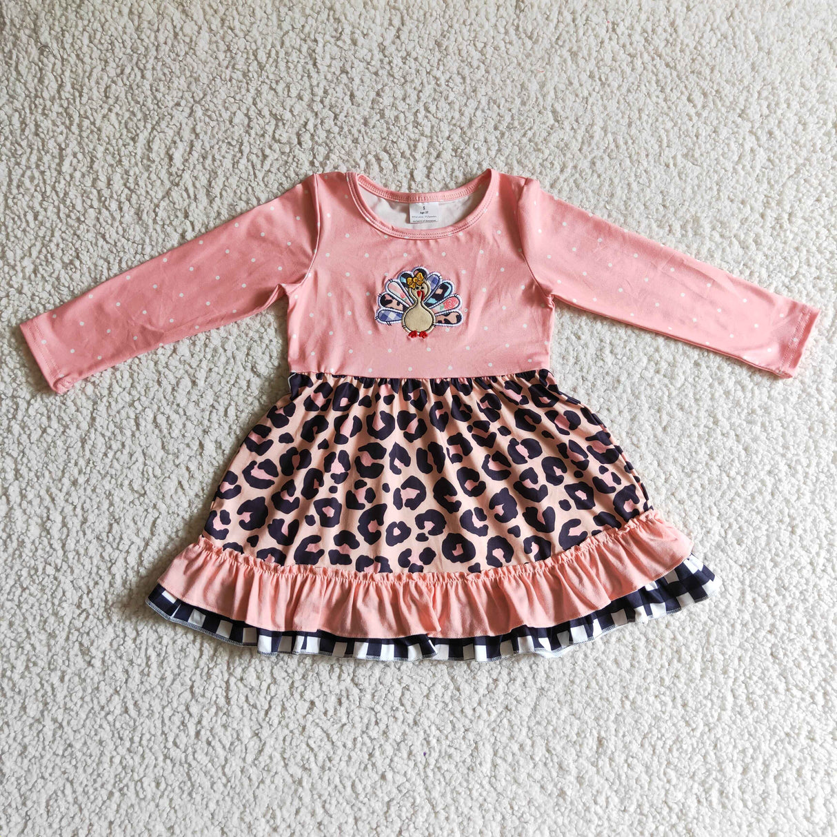 Pink turkey embroidery leopard kids girls Thanksgiving ruffle dresses