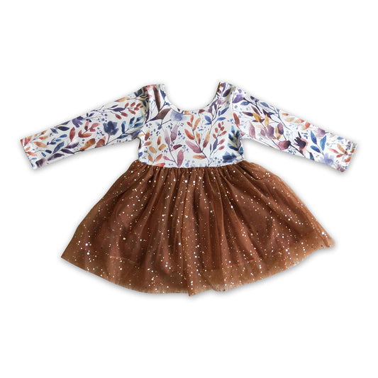 Long sleeves brown sequin tulle girls fall dress