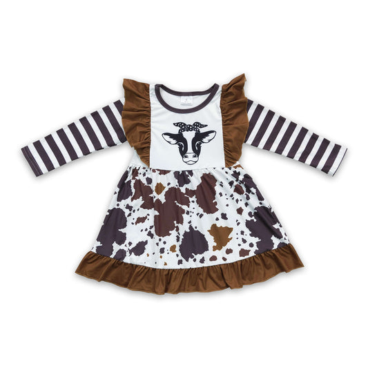 Cow print flutter sleeves baby girls western dresses