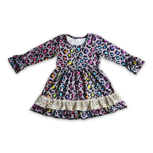 Colorful leopard long sleeves lace girls dresses