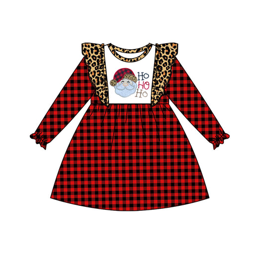 Ho ho ho santa leopard plaid girls Christmas dresses
