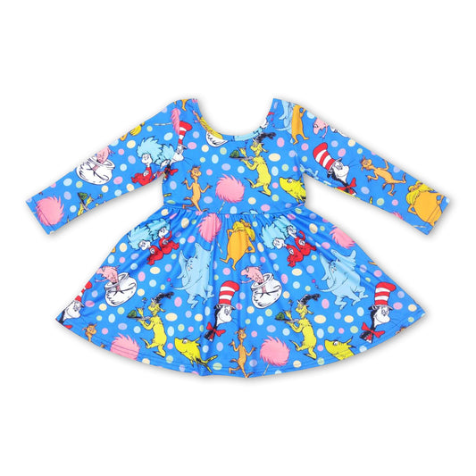 Long sleeves blue hat colorful dots girls dresses