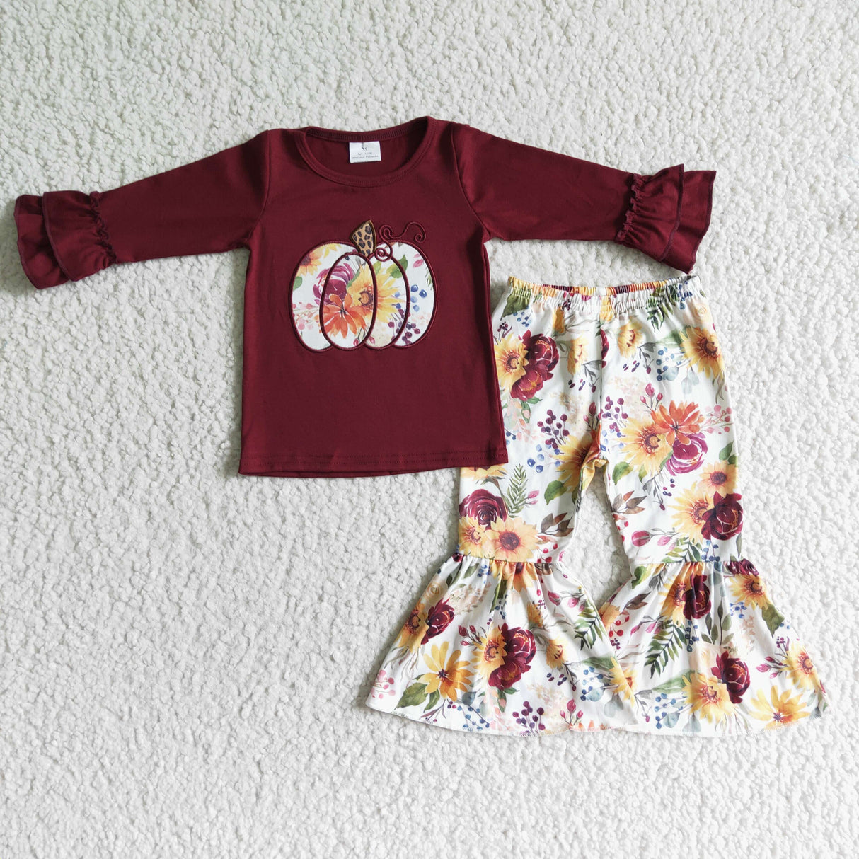 Maroon pumpkin embroidery bell bottom pants girls fall outfits