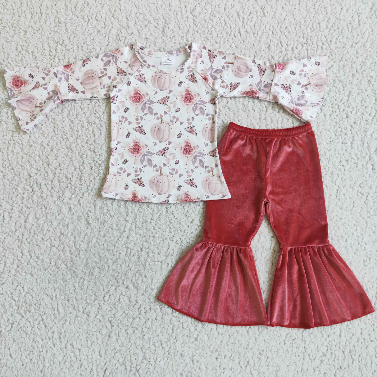 Floral pumpkin shirt velvet pants girls fall clothes