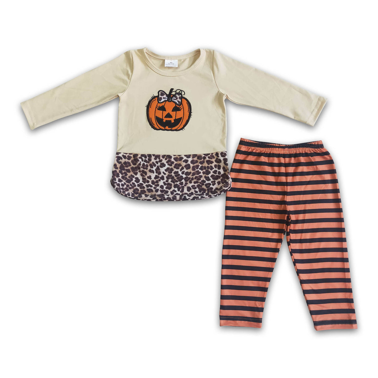 Pumpkin embroidery leopard shirt stripe leggings girls Halloween outfits