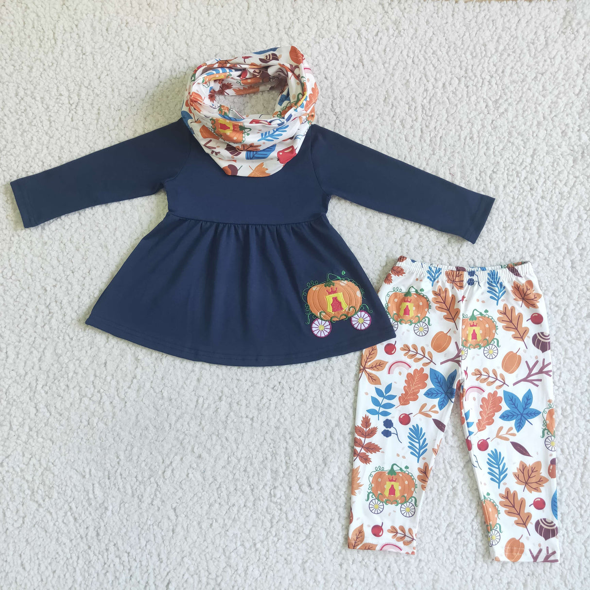 Pumpkin carriage embroidery girls fall clothing set