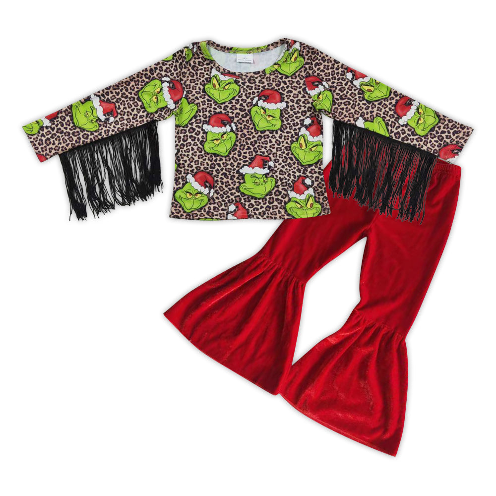 Green face tassels red velvet pants girls Christmas clothes