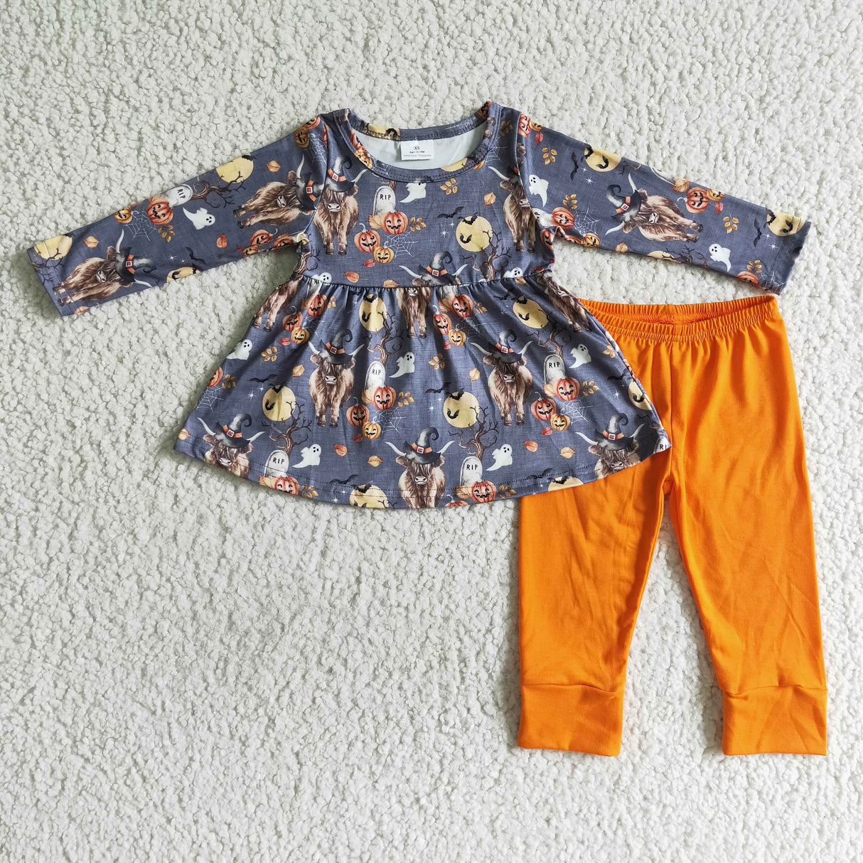 Highland cow pumpkin ghost tunic leggings kids girls Halloween set