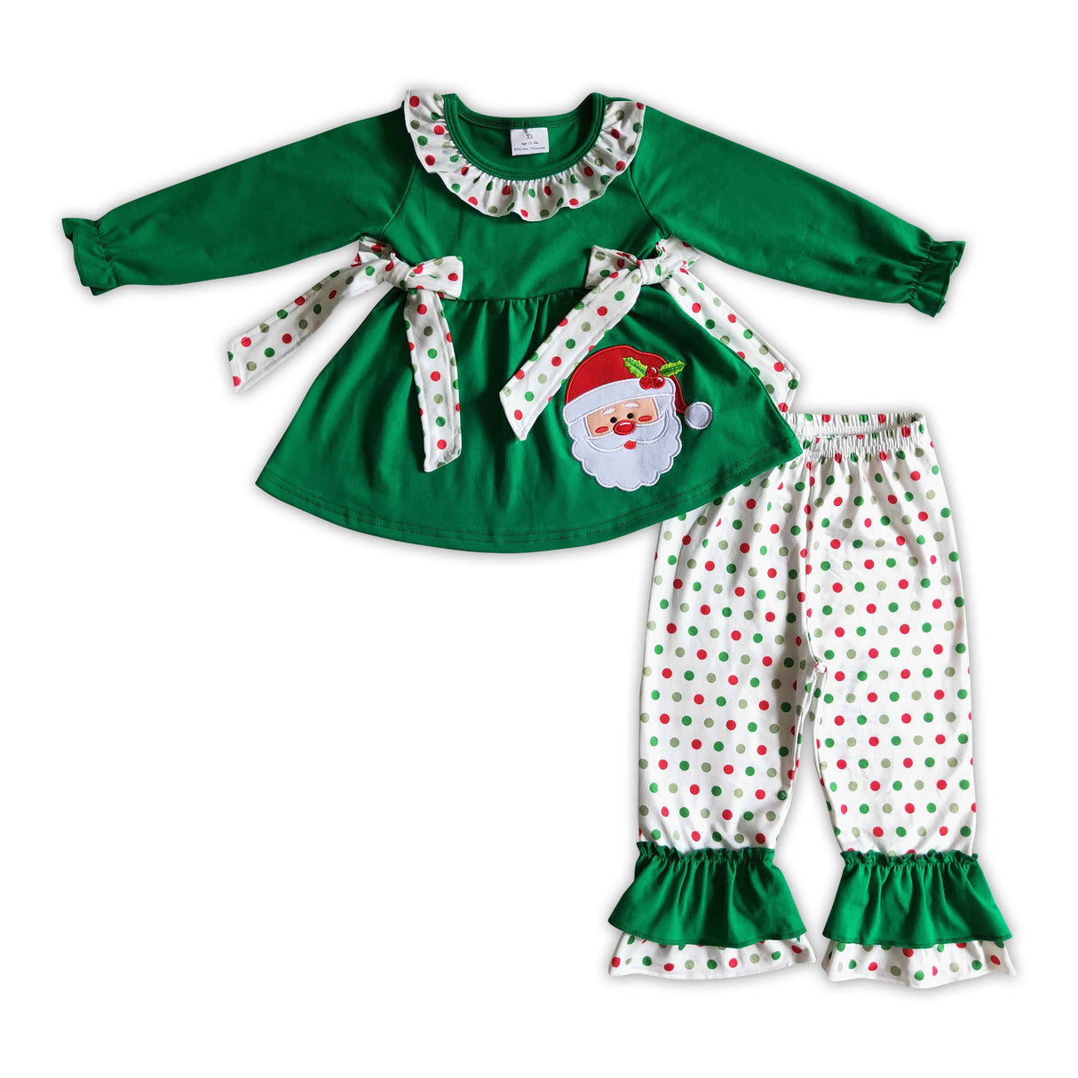 Santa emrboidery cotton tunic polka dots pants kids Christmas clothes