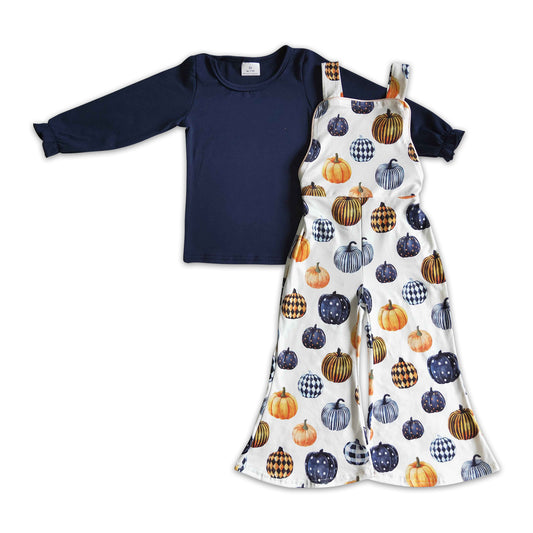 Blue shirt pumpkin overalls baby girls Halloween set