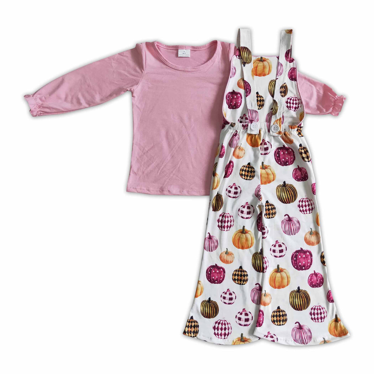 Pink cotton shirt pumpkin overalls girls Halloween clothing