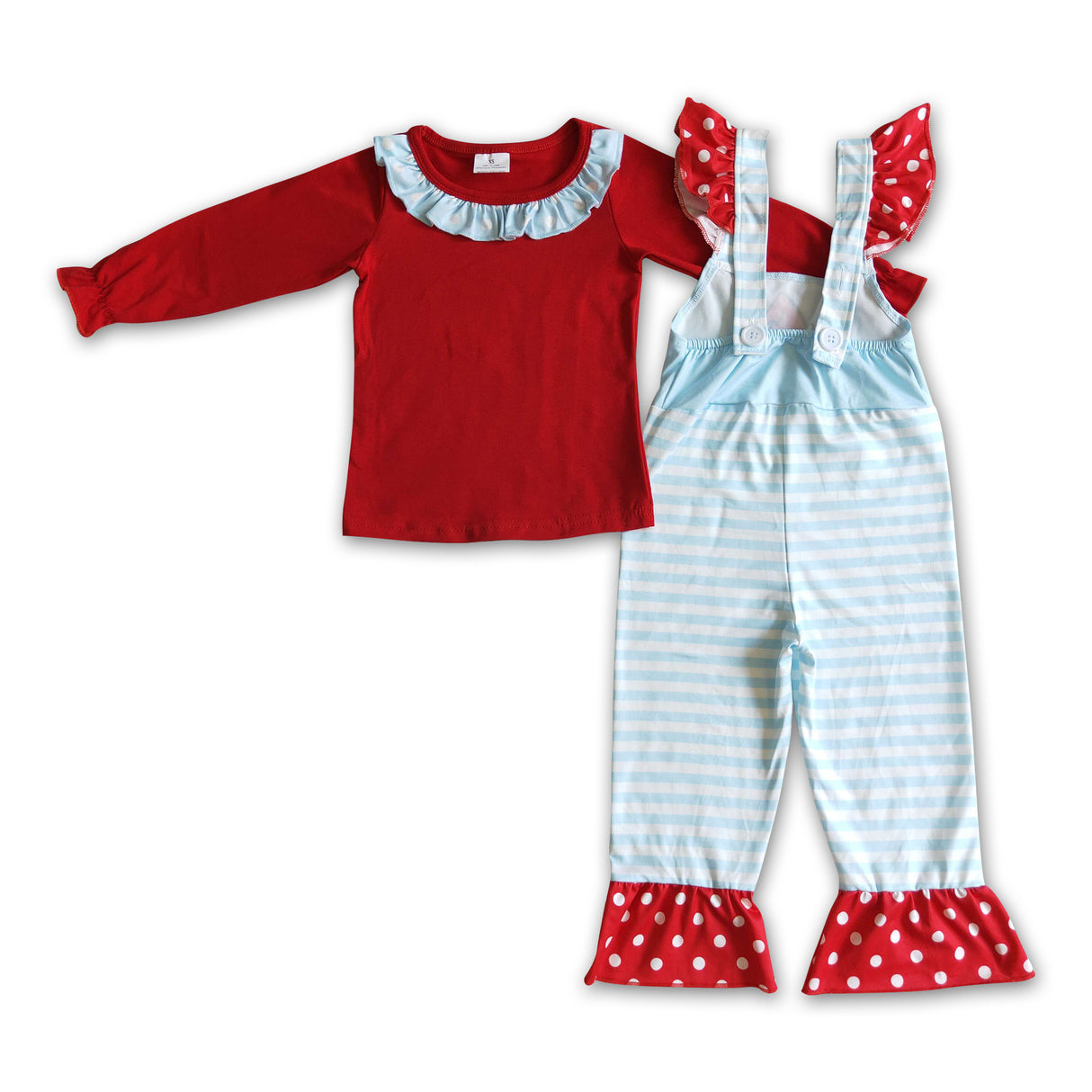 Red cotton top green face stripe overalls kids Christmas set