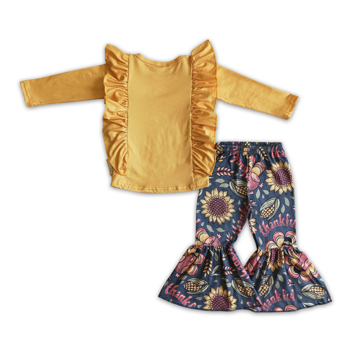 Turkey print shirt sunflower bell bottom pants girls Thanksgiving clothes