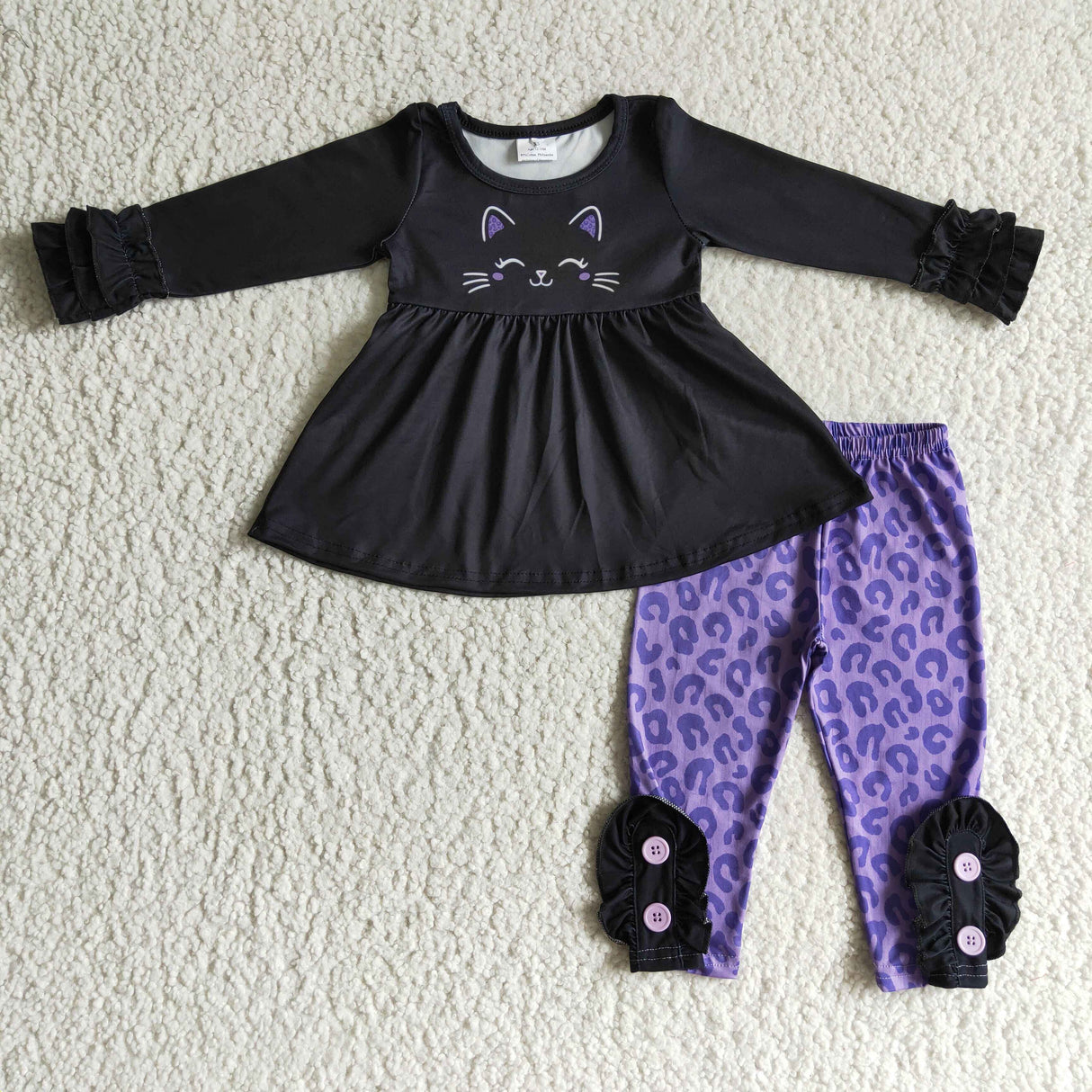 Cat black tunic purple leopard leggings kids girls Halloween clothes
