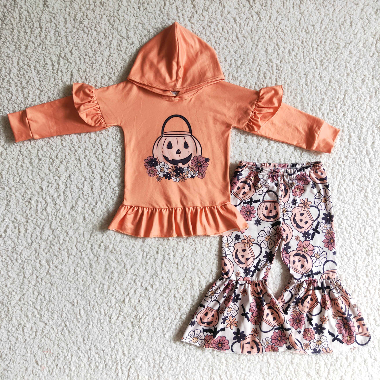 Pumpkin basket bat floral hoodie set girls Halloween outfits