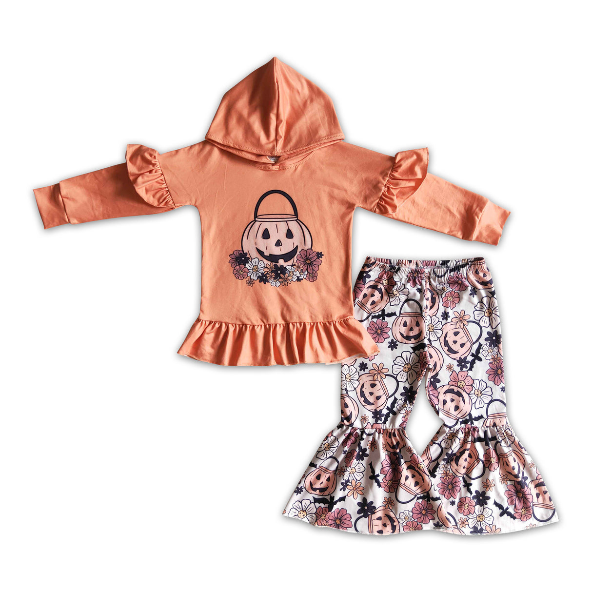 Pumpkin basket bat floral hoodie set girls Halloween outfits