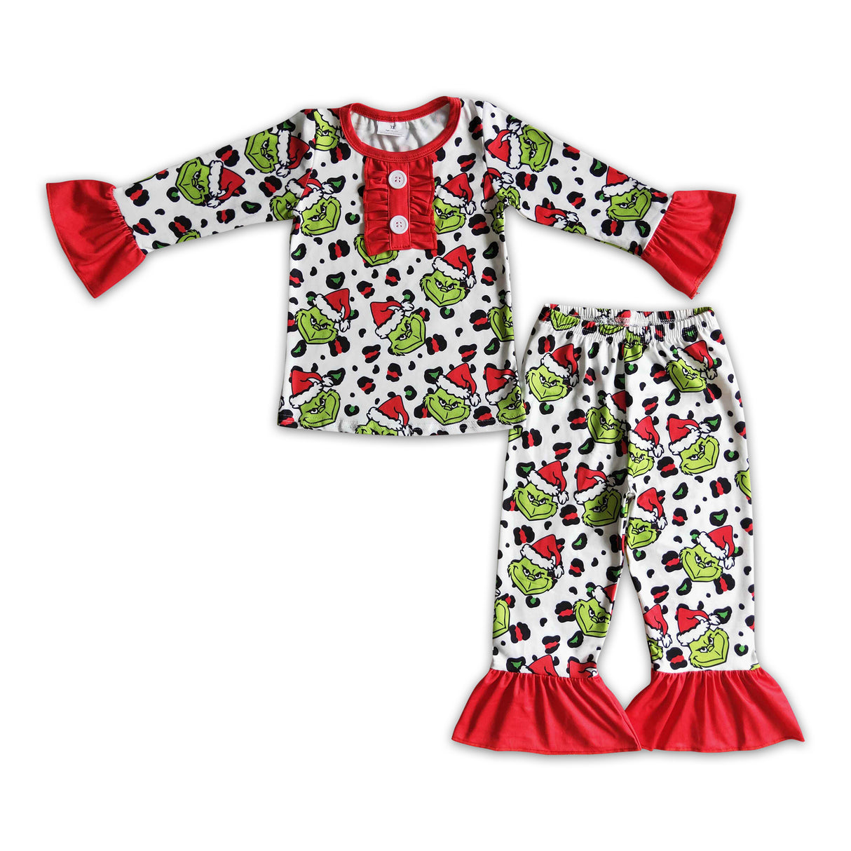 Green face leopard kids girls Christmas pajamas
