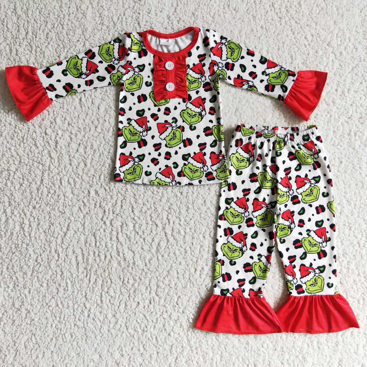 Green face leopard kids girls Christmas pajamas