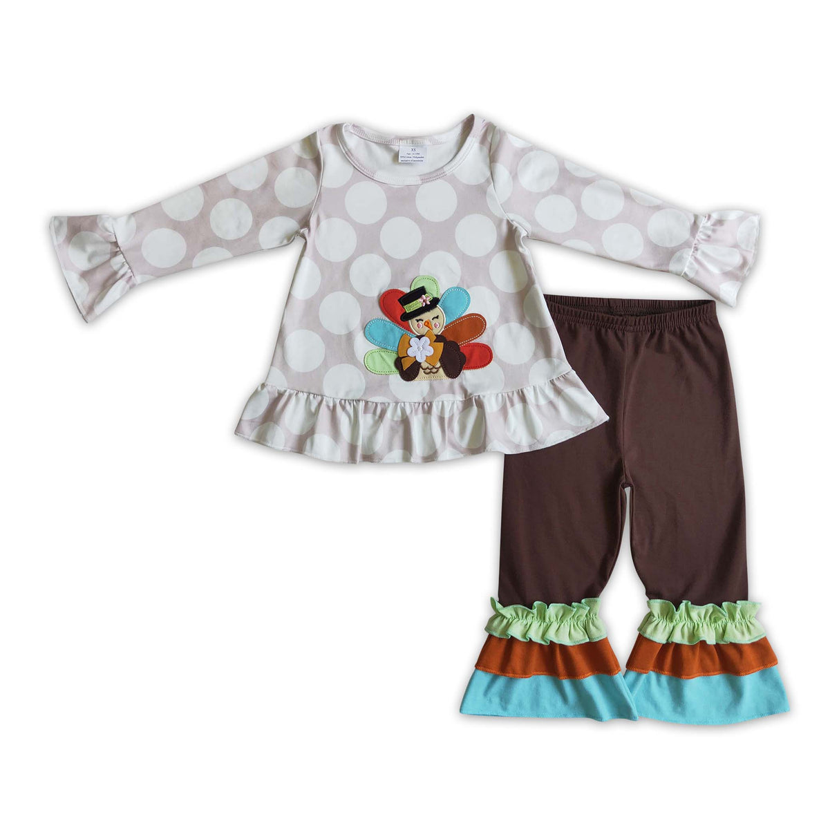 Turkey embroidery polka dots shirt brown pants girls Thanksgiving clothing