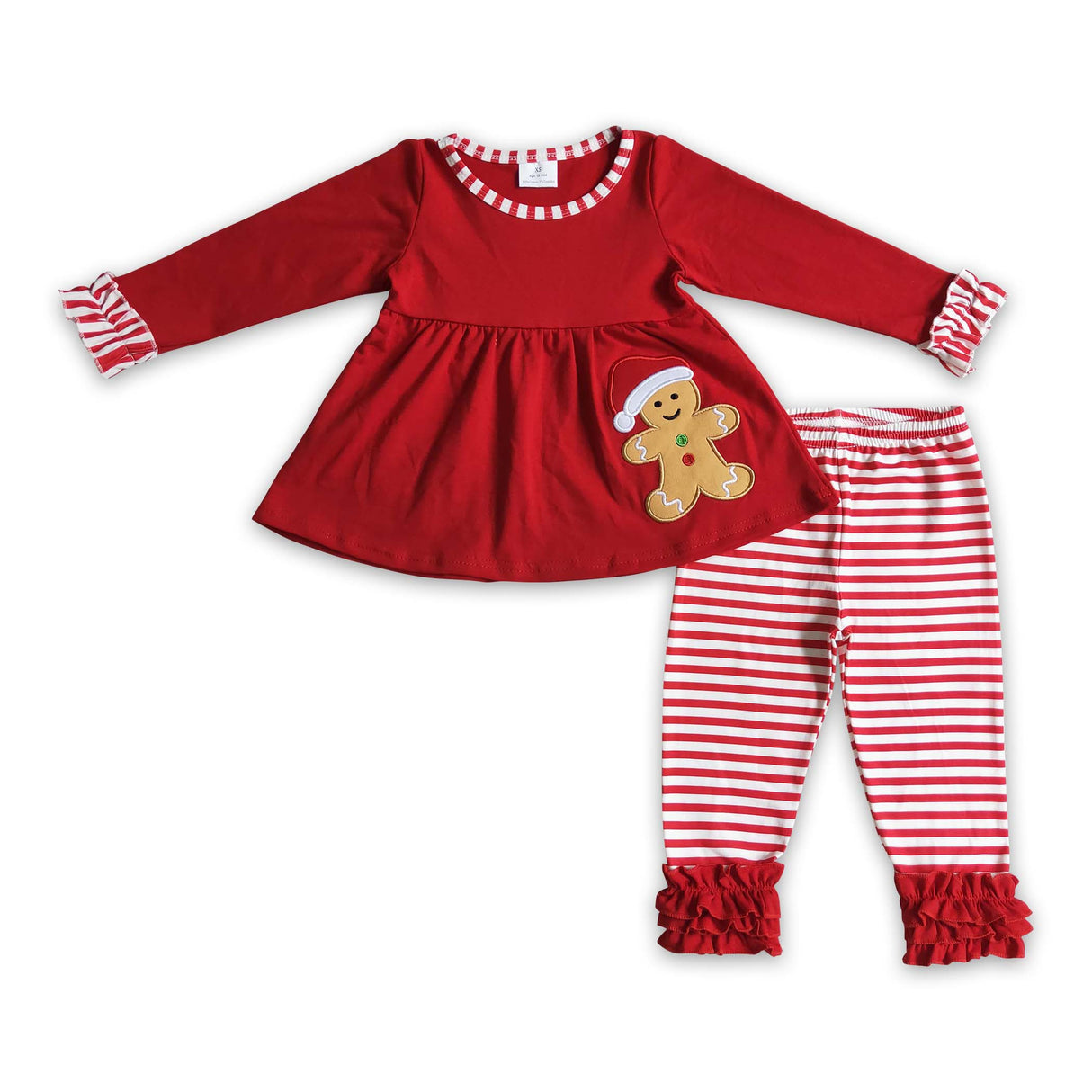 Gingerbread embroidery tunic stripe leggings girls Christmas set
