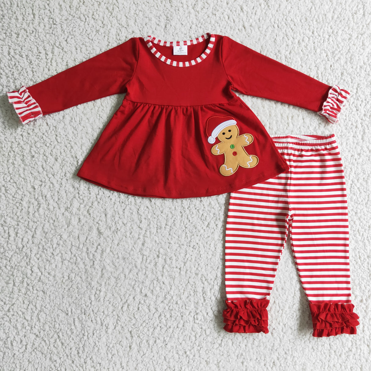 Gingerbread embroidery tunic stripe leggings girls Christmas set