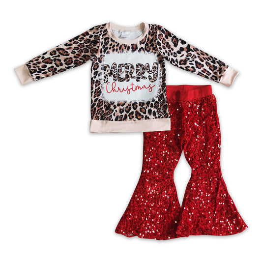 Merry Christmas leopard shirt sequin bell bottom pants girls outfits