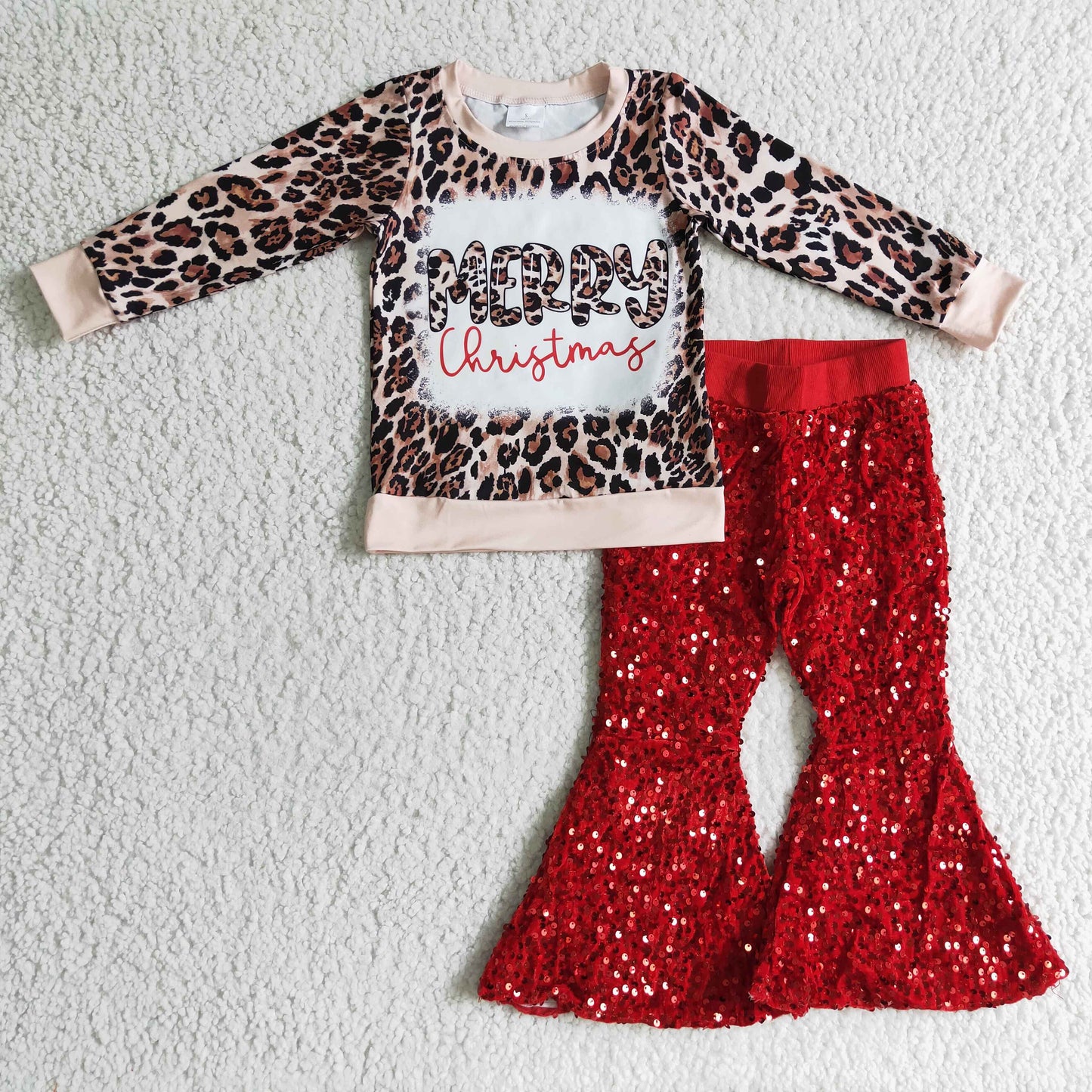 Merry Christmas leopard shirt sequin bell bottom pants girls outfits
