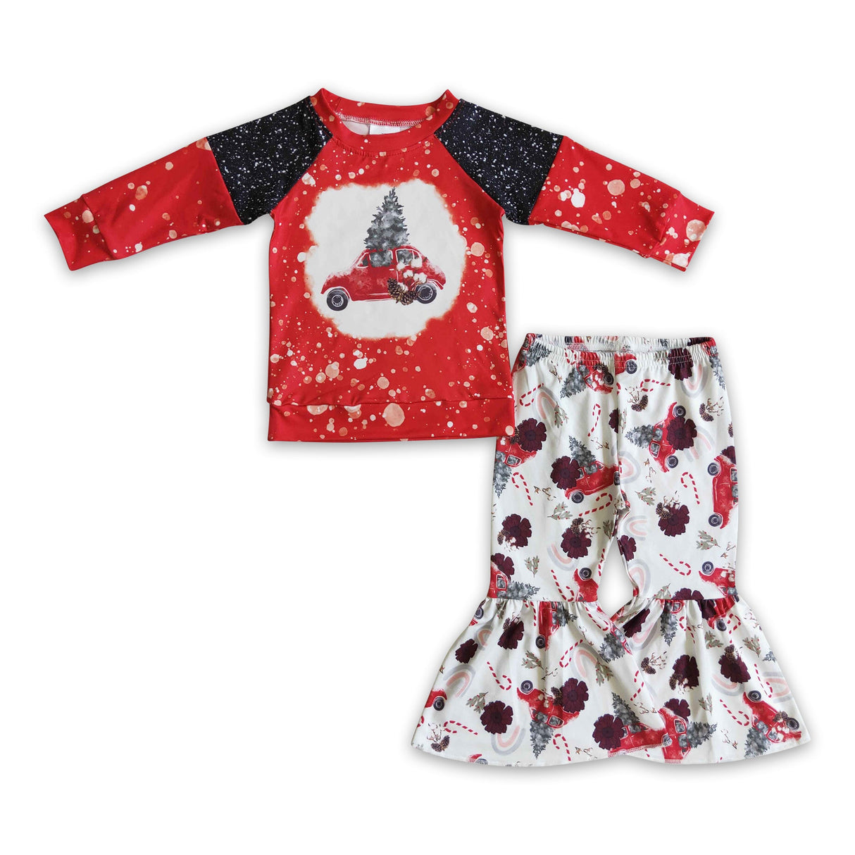 Christmas tree car shirt bell bottom pants kids girls outfits