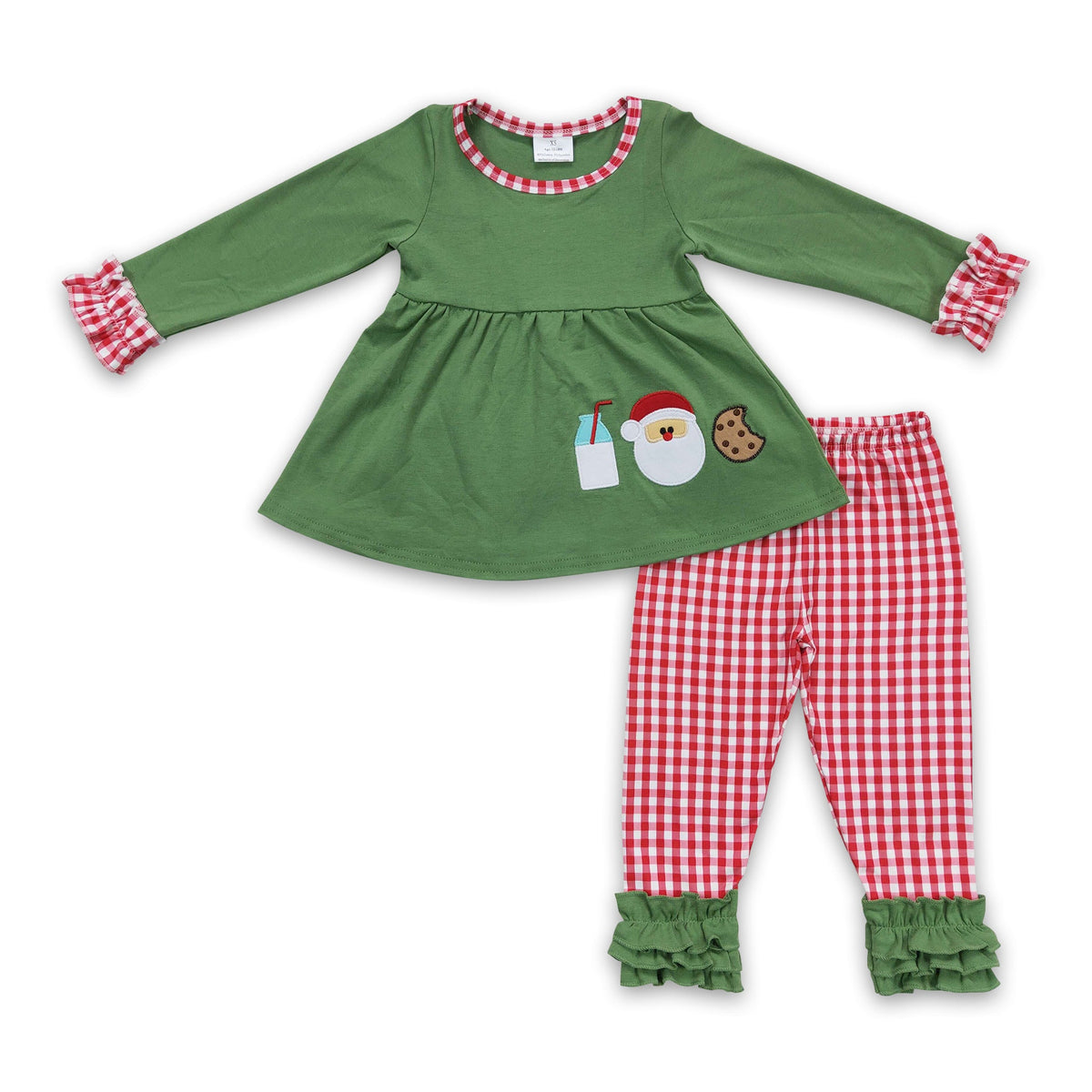Petit Bebe Knits Girls Holiday Green Stripe Knit Long Sleeve Santa Tunic Set with Red Leggings