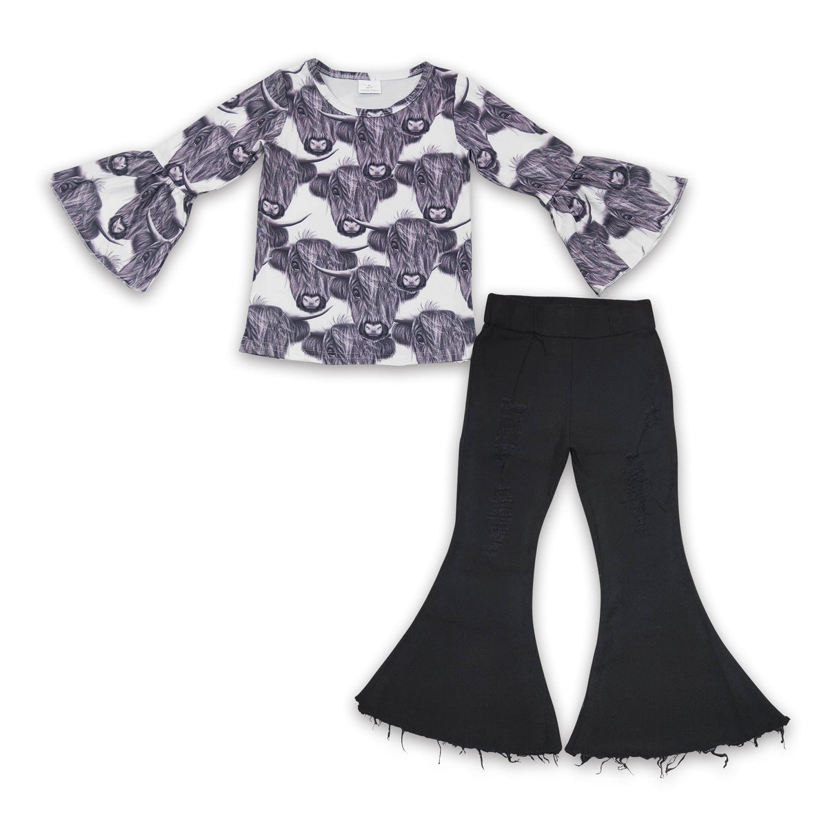Grey highland cow shirt black distressed jeans girls outfits