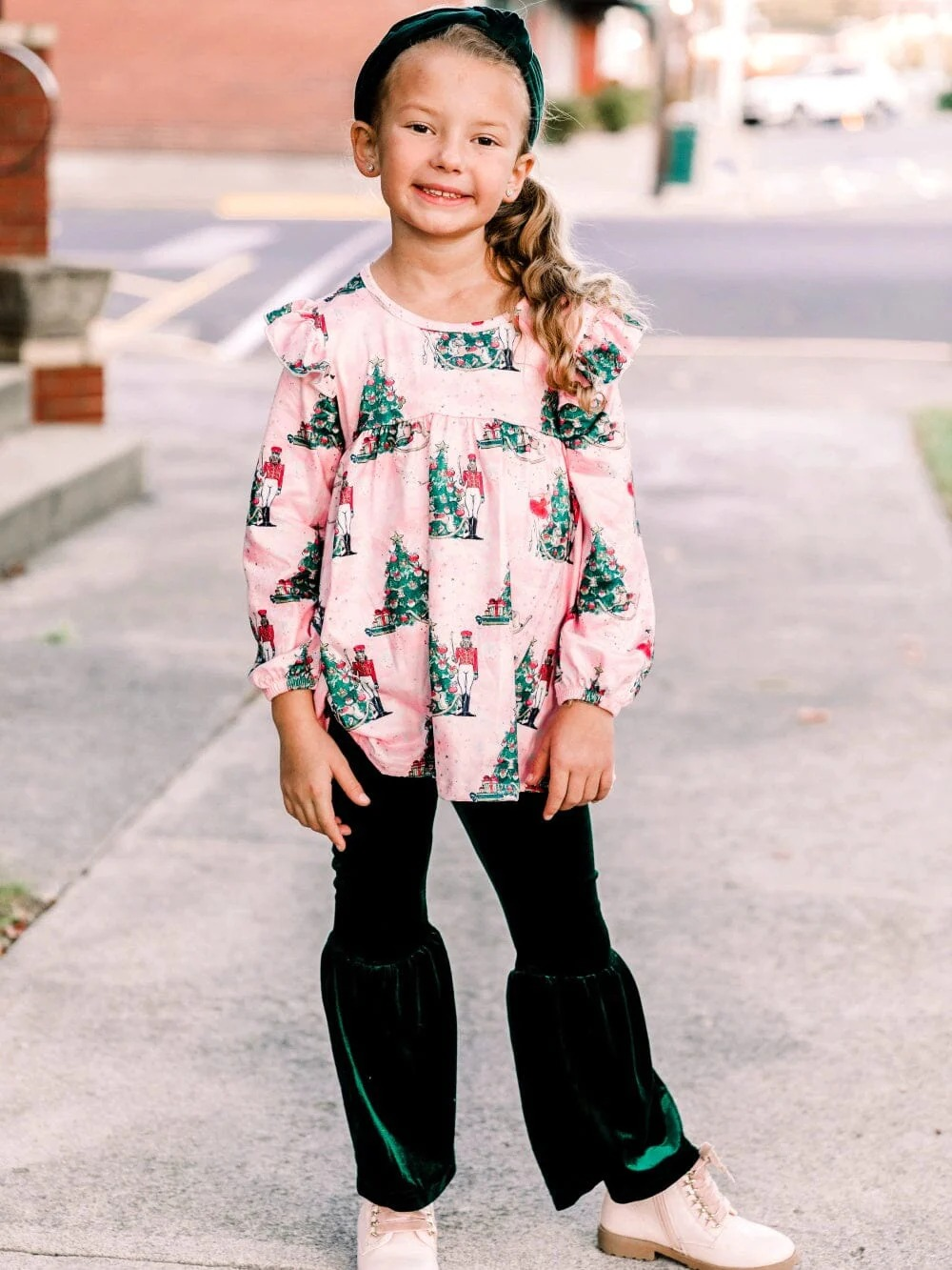 Pink Christmas tree top velvet pants girls Christmas clothes