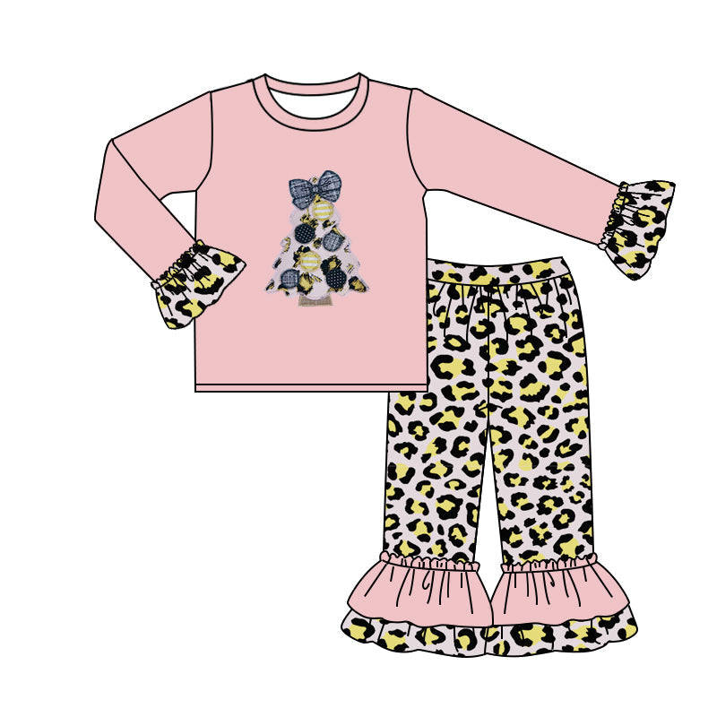 Leopard Christmas tree top ruffle pants girls clothes