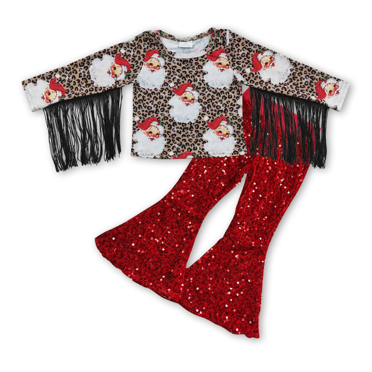 Santa leopard tassels sequin pants girls Christmas clothes