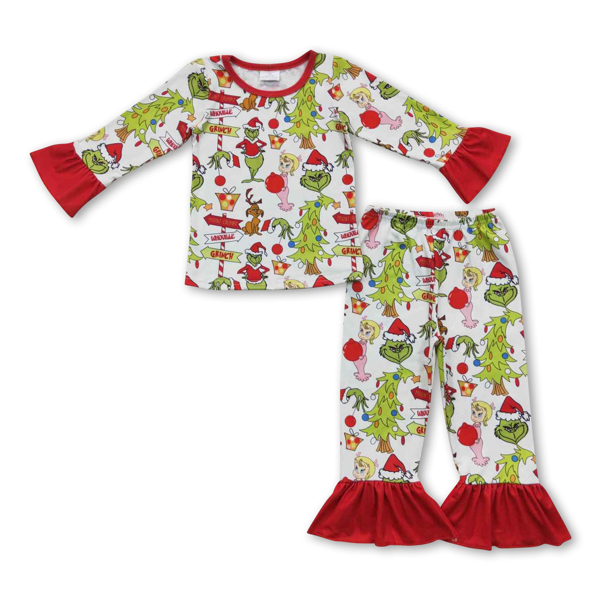 Long sleeves green face gifts kids girls Christmas pajamas