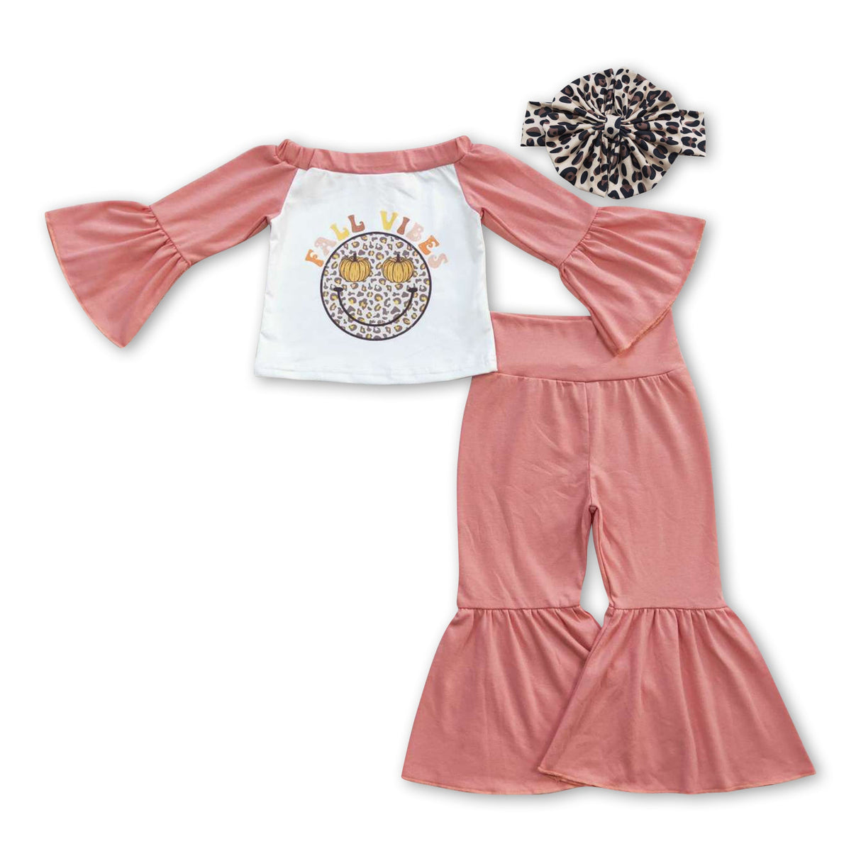 Fall vibes leopard smile pumpkin girls clothing set