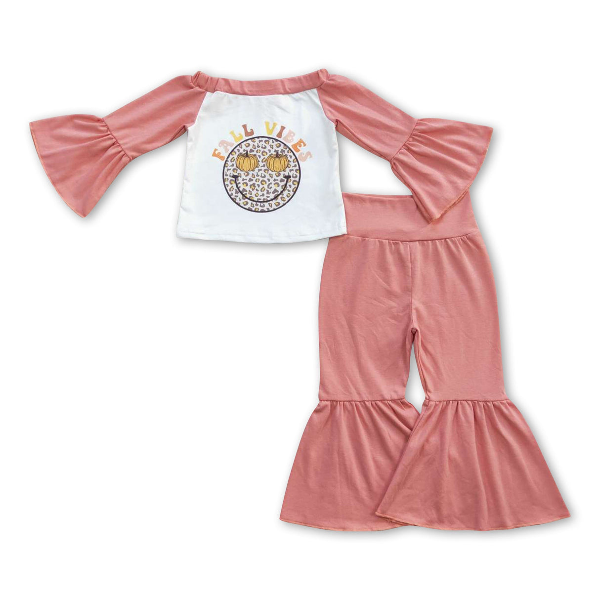 Fall vibes leopard smile pumpkin girls clothing set