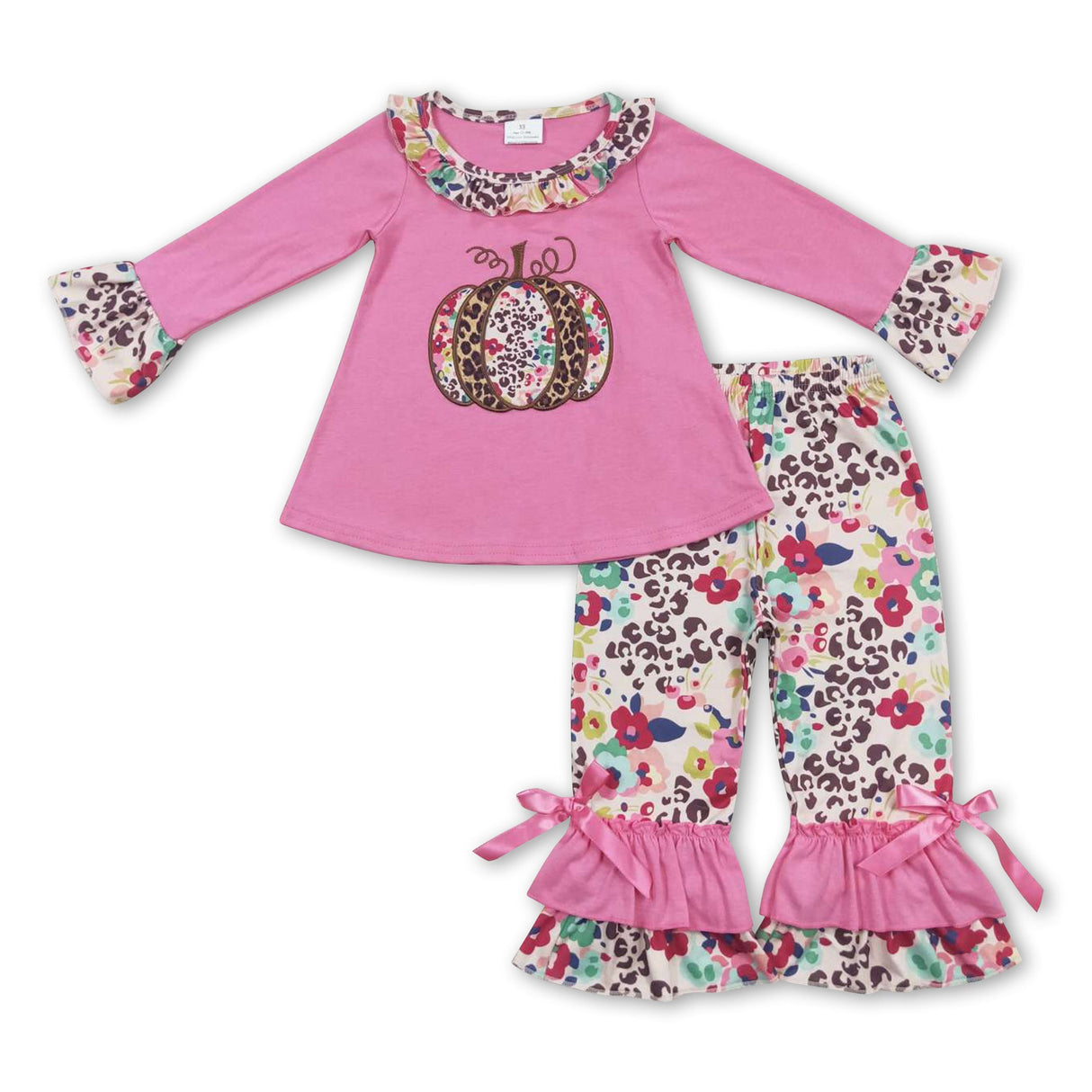 Floral leopard pumpkin top ruffle pants girls fall clothing