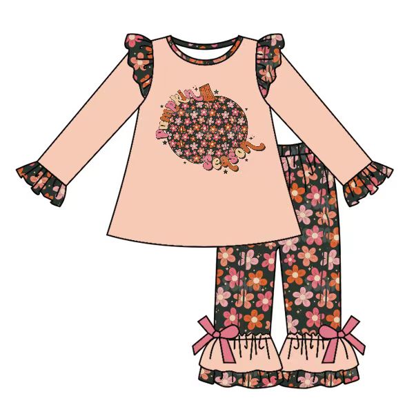 Floral pumpkin season kids girls fall outfits