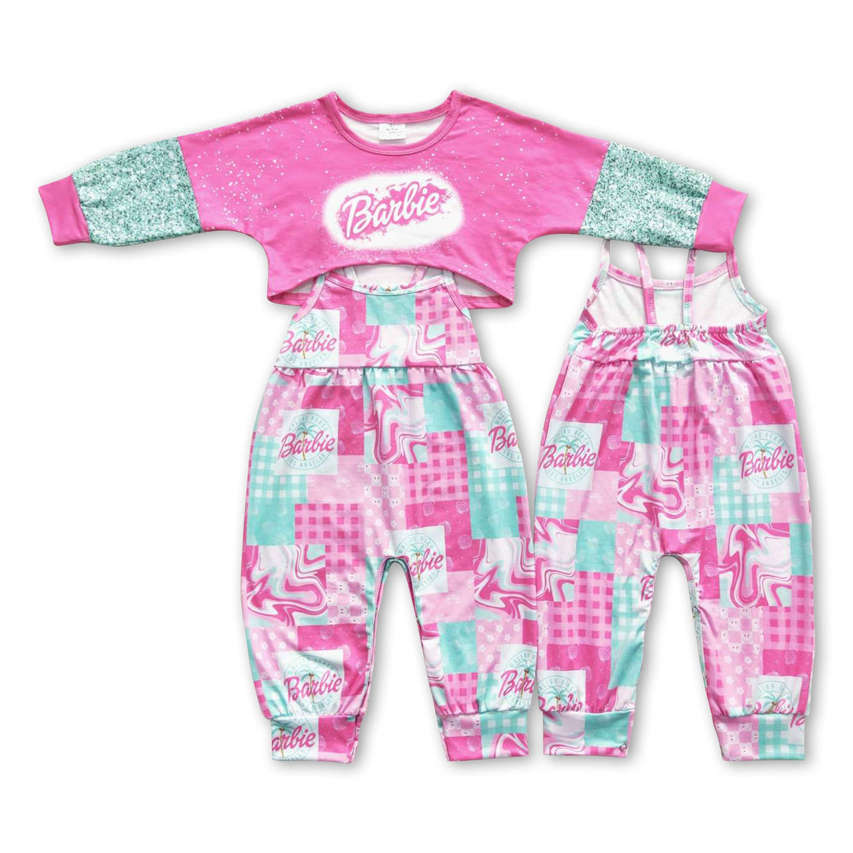 Pink patchwork jumpsuit top party girls clothing set